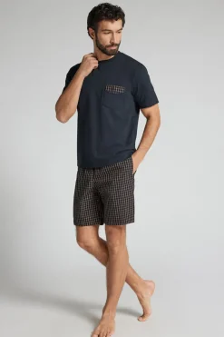 Blue and Cream Check Print Cloth and Cotton Short Pajamas