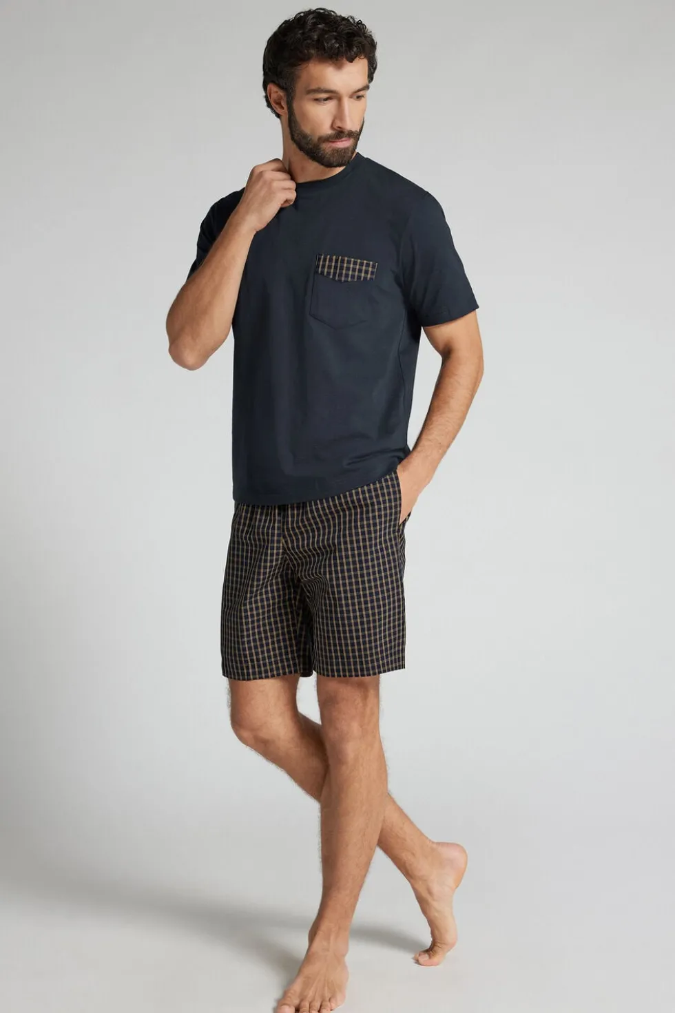 Blue and Cream Check Print Cloth and Cotton Short Pajamas