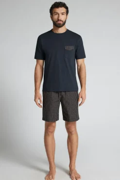 Blue and Cream Check Print Cloth and Cotton Short Pajamas