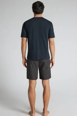 Blue and Cream Check Print Cloth and Cotton Short Pajamas