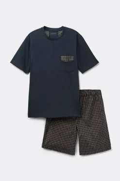 Blue and Cream Check Print Cloth and Cotton Short Pajamas
