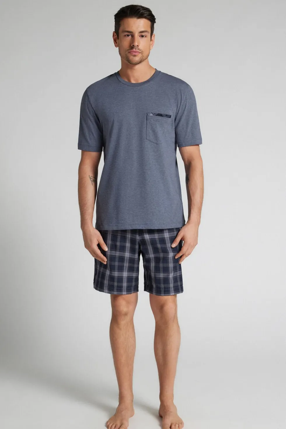 Check Print Denim Cloth and Cotton Short Pajamas