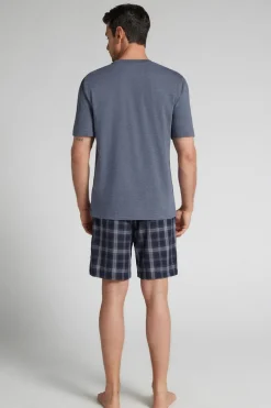 Check Print Denim Cloth and Cotton Short Pajamas