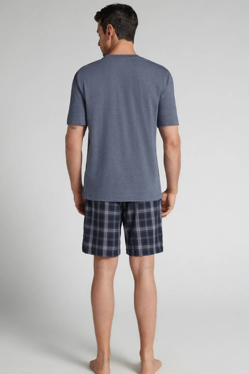 Check Print Denim Cloth and Cotton Short Pajamas