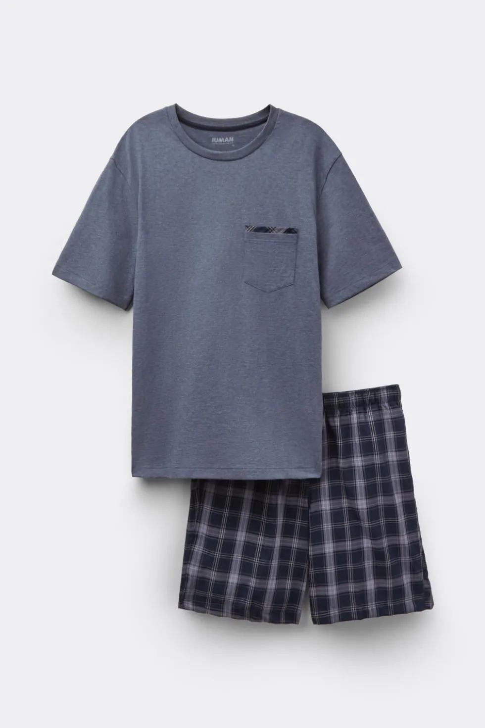 Check Print Denim Cloth and Cotton Short Pajamas