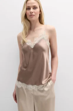 Contrast Lace Trim Silk Top