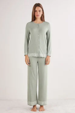 Lace Trim Button Up Full Length Pajamas in Modal