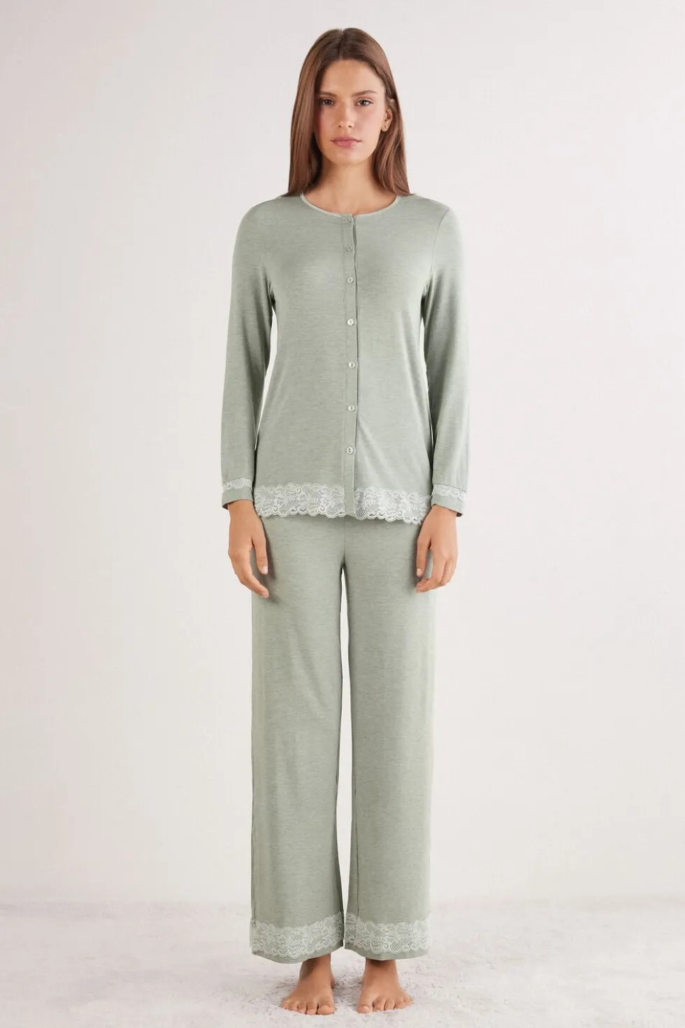 Lace Trim Button Up Full Length Pajamas in Modal