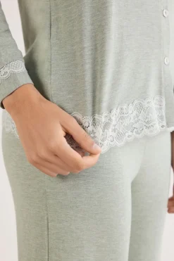 Lace Trim Button Up Full Length Pajamas in Modal