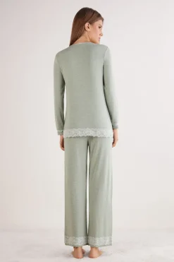 Lace Trim Button Up Full Length Pajamas in Modal