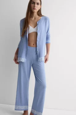 Lace Trim Button Up Full Length Pajamas in Modal