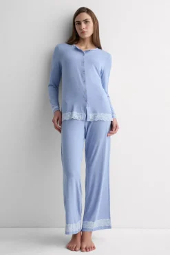 Lace Trim Button Up Full Length Pajamas in Modal