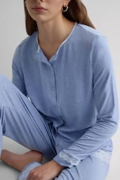 Lace Trim Button Up Full Length Pajamas in Modal