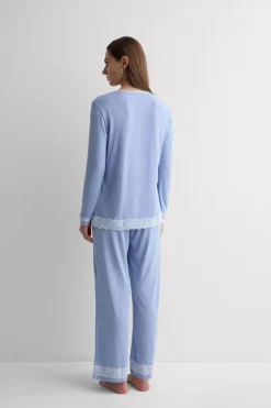 Lace Trim Button Up Full Length Pajamas in Modal