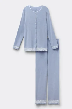 Lace Trim Button Up Full Length Pajamas in Modal