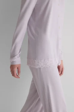 Lace Trim Button Up Full Length Pajamas in Modal