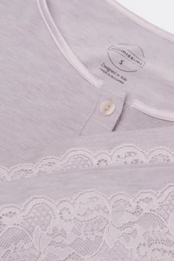 Lace Trim Button Up Full Length Pajamas in Modal