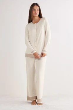 Lace Trim Button Up Full Length Pajamas in Modal