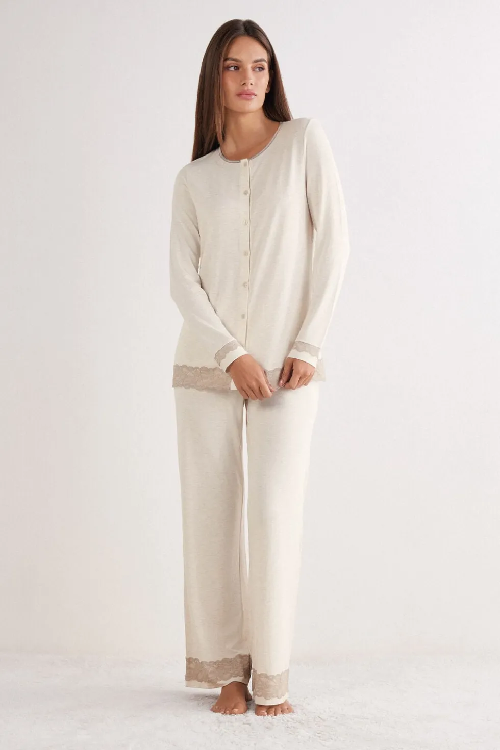 Lace Trim Button Up Full Length Pajamas in Modal