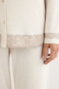 Lace Trim Button Up Full Length Pajamas in Modal