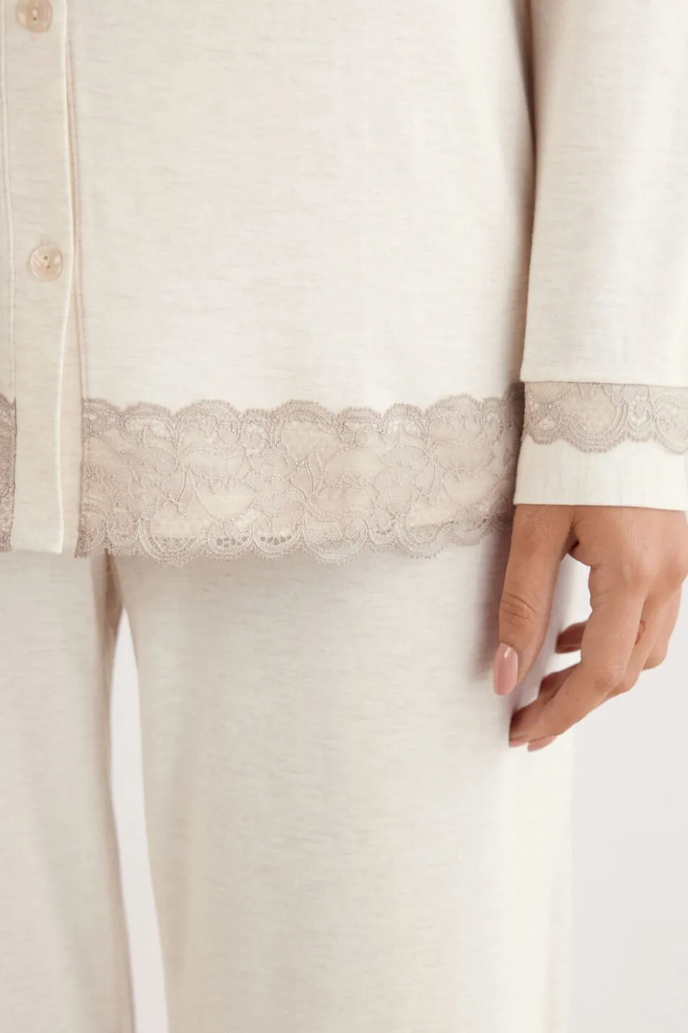 Lace Trim Button Up Full Length Pajamas in Modal