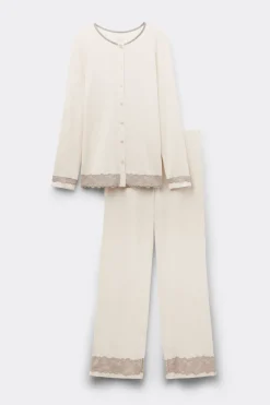 Lace Trim Button Up Full Length Pajamas in Modal