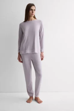 Lace Trim Full Length Pajamas in Modal