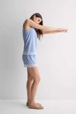 Lace Trim Tank Top Short Pajamas in Modal