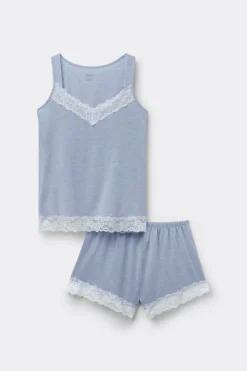 Lace Trim Tank Top Short Pajamas in Modal