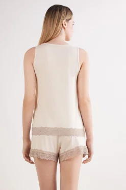 Lace Trim Tank Top Short Pajamas in Modal