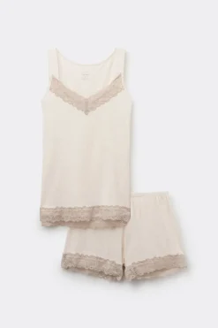 Lace Trim Tank Top Short Pajamas in Modal