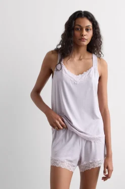 Lace Trim Tank Top Short Pajamas in Modal