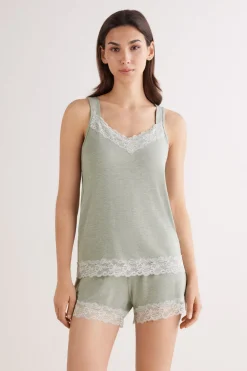 Lace Trim Tank Top Short Pajamas in Modal