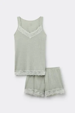 Lace Trim Tank Top Short Pajamas in Modal