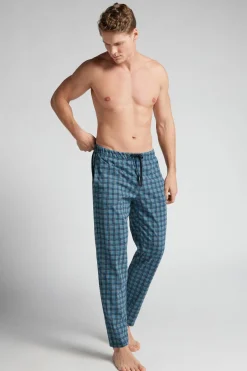 Light Blue Check Print Full Length Cotton Pants