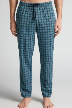 Light Blue Check Print Full Length Cotton Pants