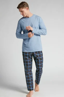 Light Blue Cotton and Check Print Cloth Full Length Pajamas