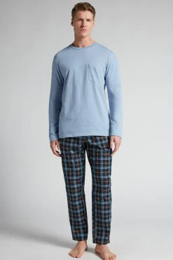 Light Blue Cotton and Check Print Cloth Full Length Pajamas
