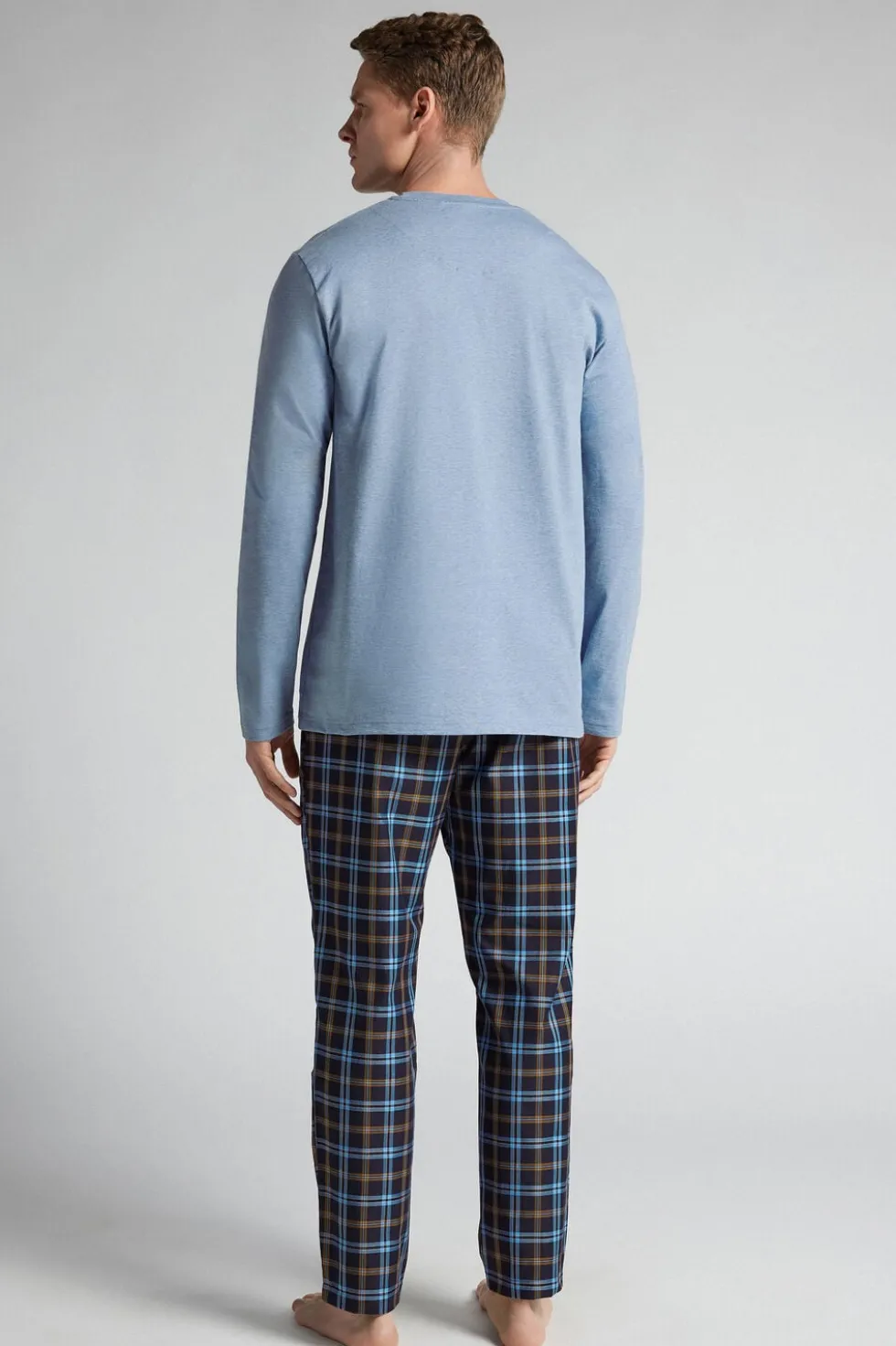 Light Blue Cotton and Check Print Cloth Full Length Pajamas
