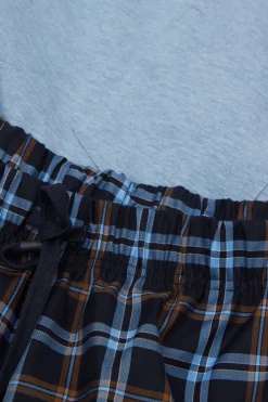 Light Blue Cotton and Check Print Cloth Full Length Pajamas