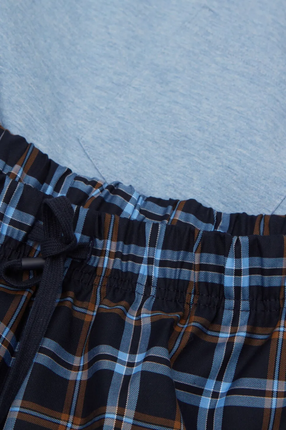Light Blue Cotton and Check Print Cloth Full Length Pajamas