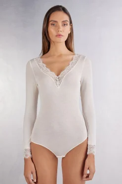 Long Sleeve Bodysuit in Ultralight Modal with Cashmere and Lace