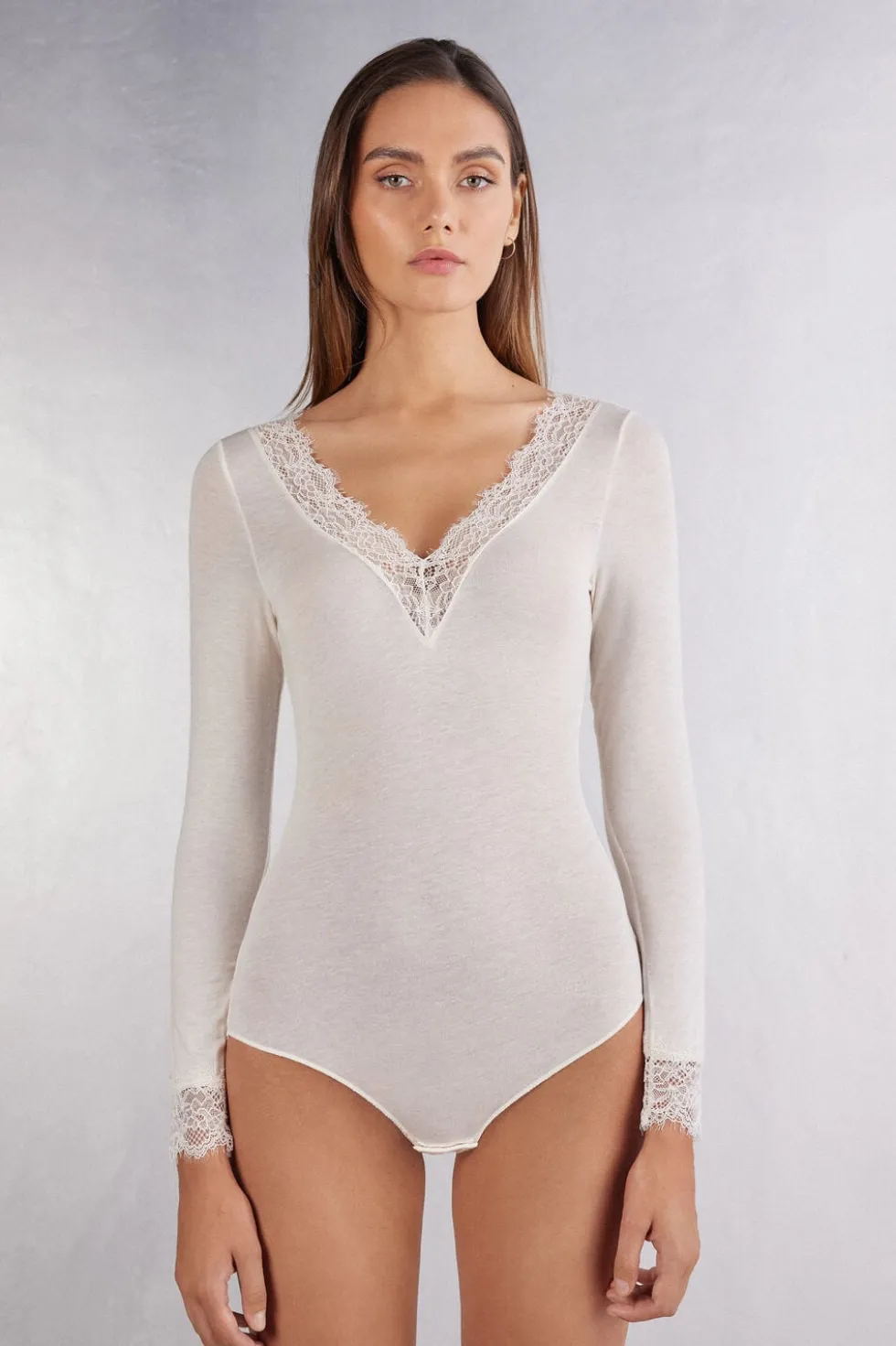 Long Sleeve Bodysuit in Ultralight Modal with Cashmere and Lace