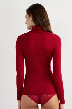 Long-sleeve High-Neck Tubular Top in Wool and Silk