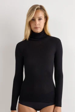 Long-sleeve High-Neck Tubular Top in Wool and Silk