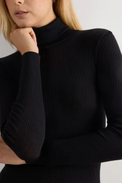 Long-sleeve High-Neck Tubular Top in Wool and Silk