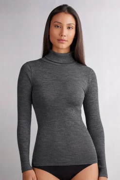 Long-sleeve High-Neck Tubular Top in Wool and Silk