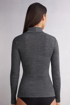 Long-sleeve High-Neck Tubular Top in Wool and Silk