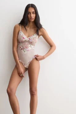 Pretty Flowers Print Tulle and Lace Bodysuit