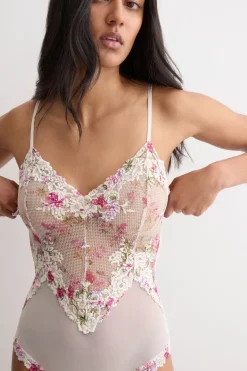 Pretty Flowers Print Tulle and Lace Bodysuit